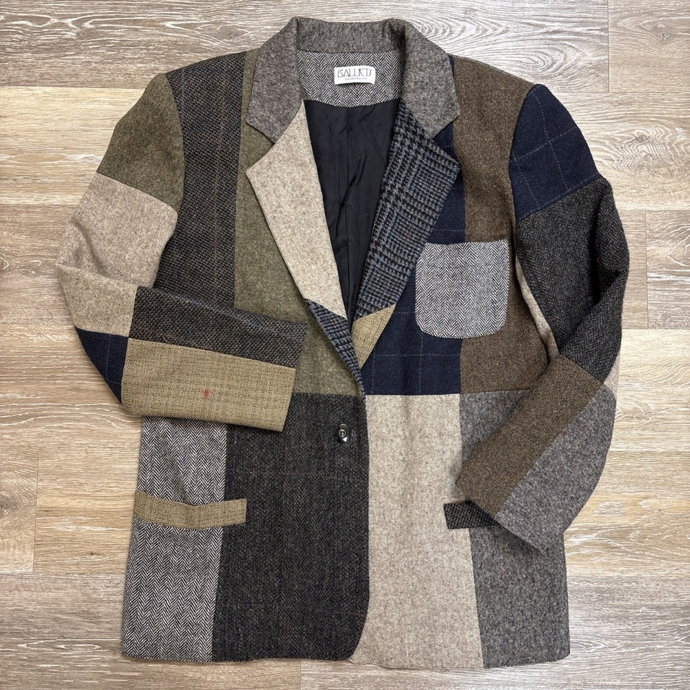 Vintage 80s 90s Wool Patchwork Blazer Sz M Academia Preppy Quiet Luxury